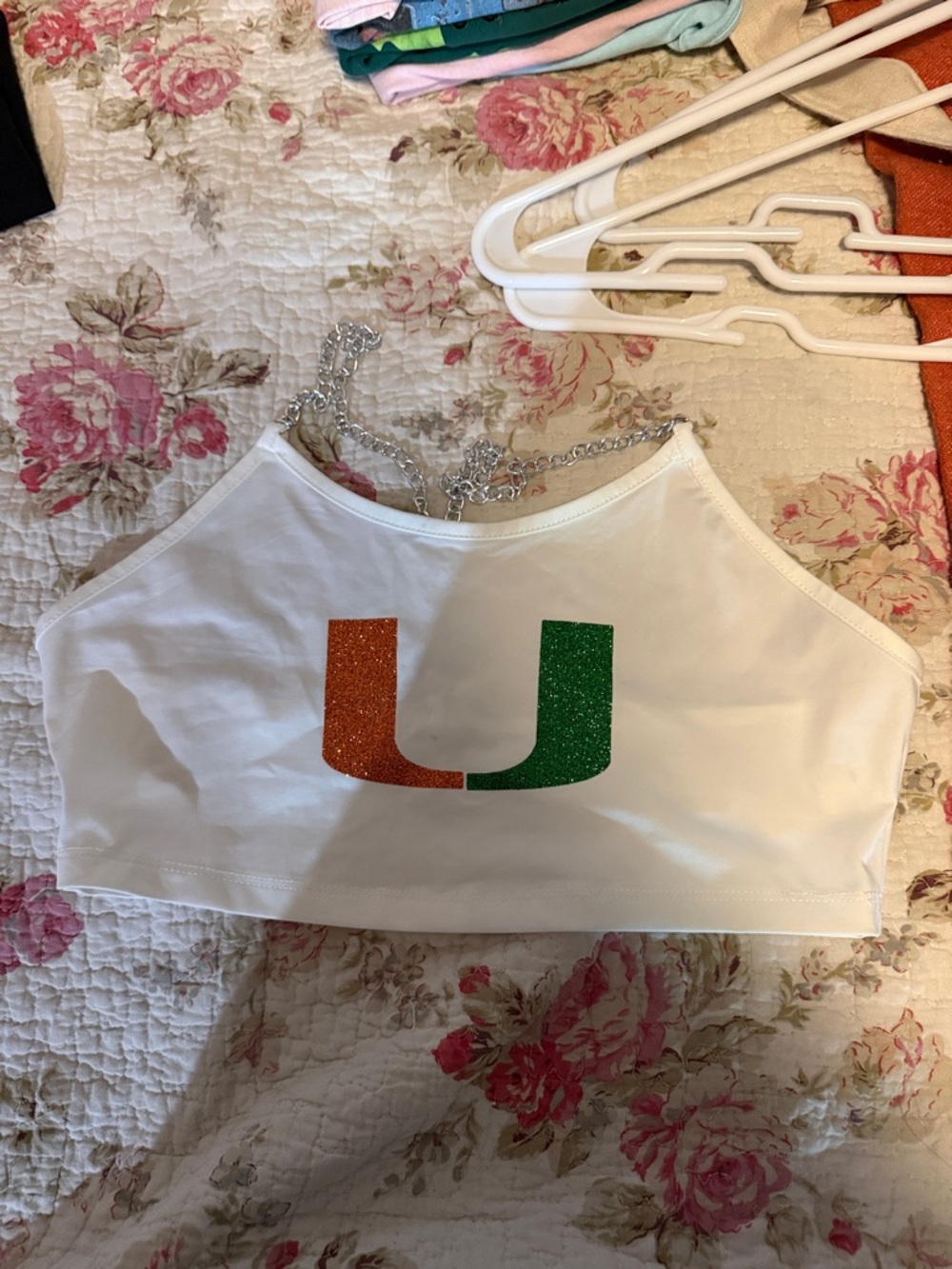 White Crop Tank with Orange & Green Glitter U